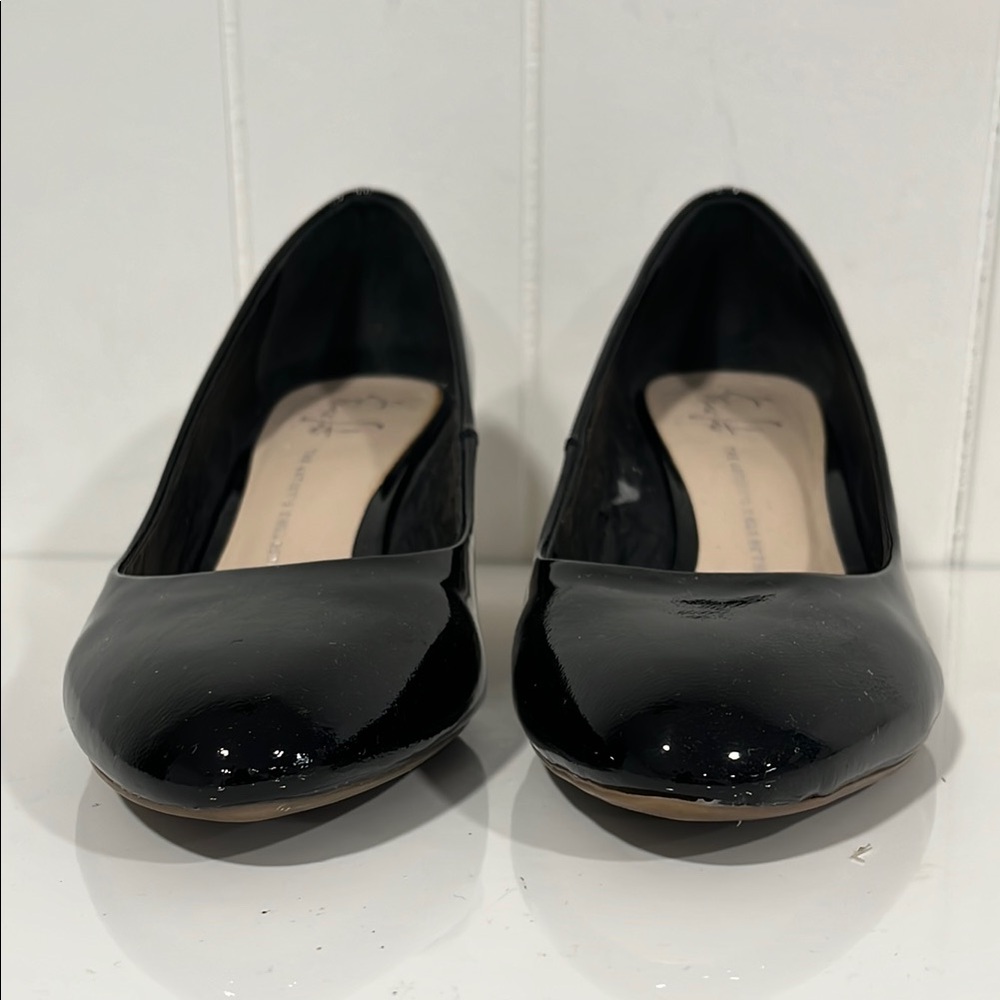 Franco Sarto Black and Tan Wedge Shoes patent leather straw wedge pump - Picture 2 of 7